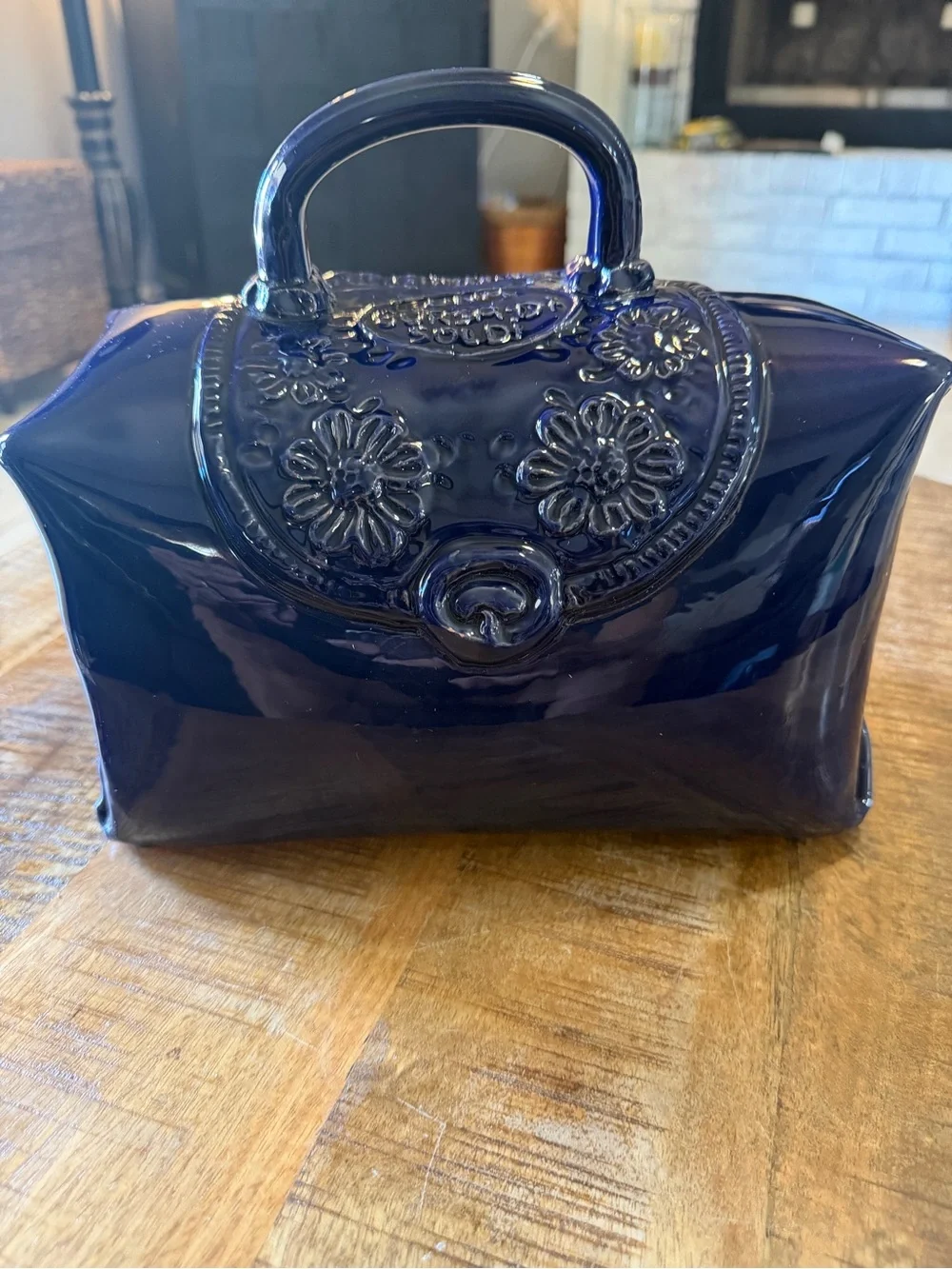 Vintage Italian Ceramic Handbag Sculpture Cobalt Blue Floral Purse Decor 10x6x4”